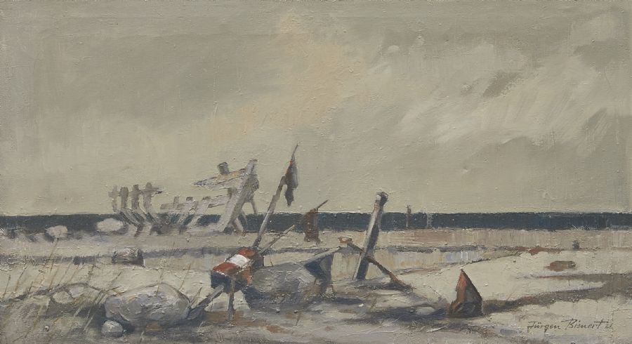 Oljemålning, Jürgen Bienert. Signerad, daterad -66, strand. Olja på duk, 55x98